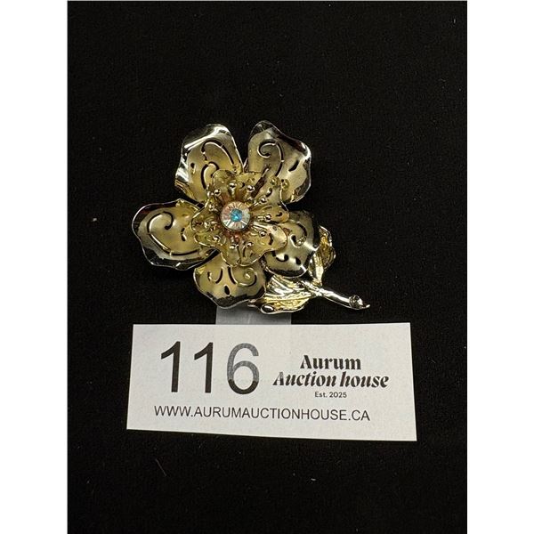 Mid Century Signed Coro 3D Flower - Pierced Goldtone w/AB Centre Stone