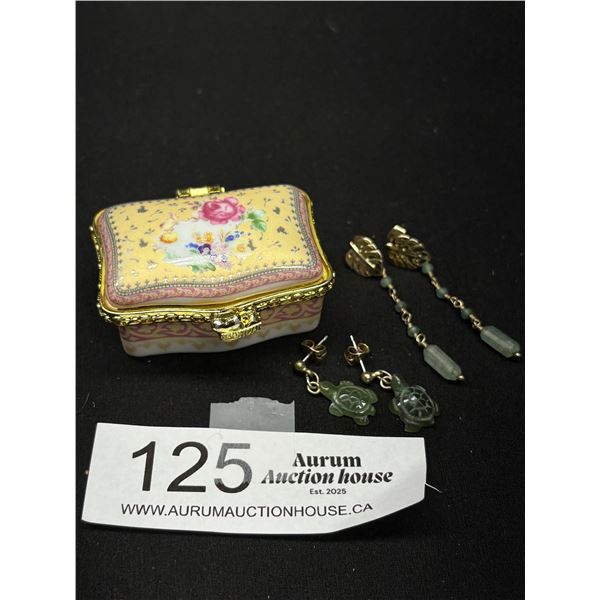 Vintage Handpainted Porcelain Box w/ Jade Earrings
