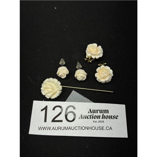 Vintage Carved Roses Earrings and Lapel Pin