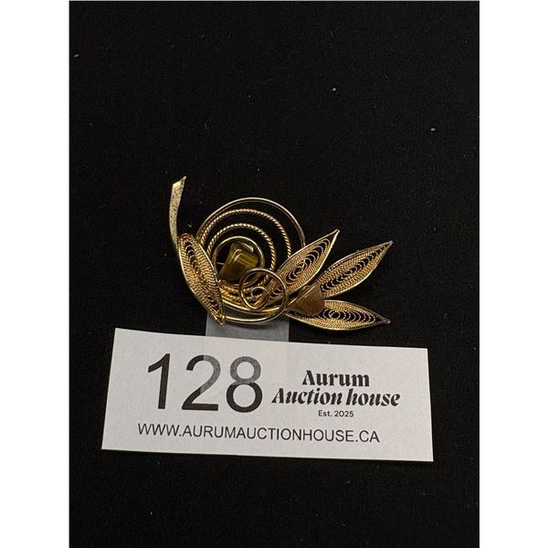 Vintage Estate Goldtone Filigree Brooch - Leaf w/ Stone Accents