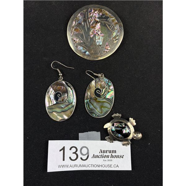 Abalone Mexican Silver Lot - Large 2" Brooch/Pendant, 2" Earrings & 1.25" Cute Turtle Brooch