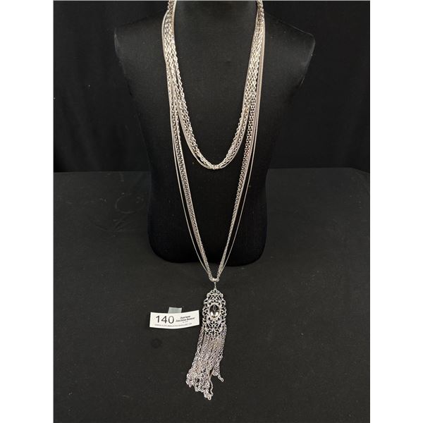 Vintage Signed Vendome Silver Tone Multi Strand Statement Necklace - 35" Chain, 7" Drop Pendant