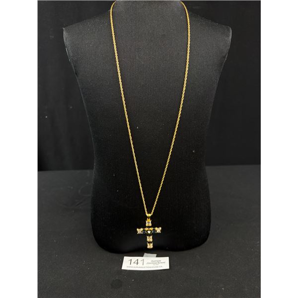 Vintage Signed Joan Rivers Quality Rhinestone Cross Pendant Necklace - 30" Chain, 2" Cross