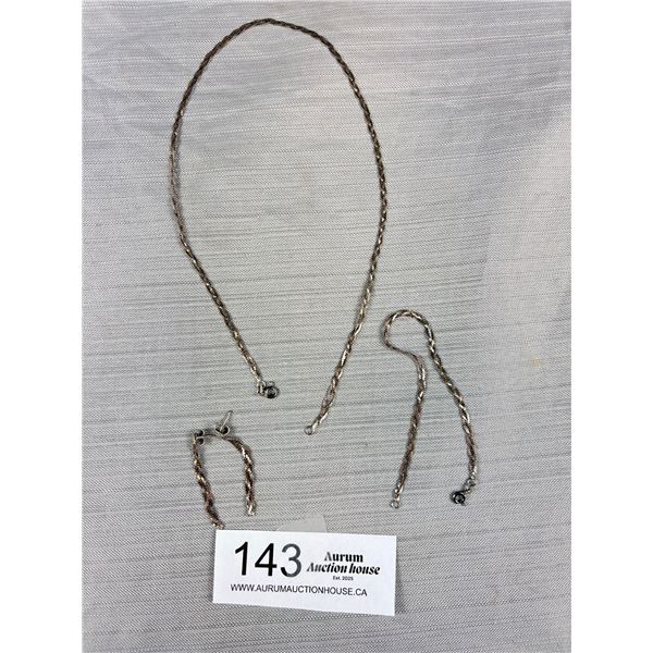 Vintage 925 Sterling Silver Braided Set - 16" Chain - 7 " Bracelet - 1 1/2" Drop Earrings - Tested