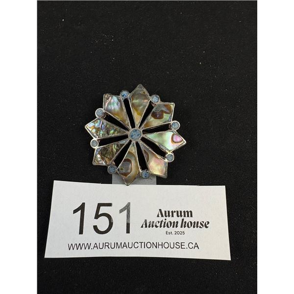 Vintage Abalone & Onyx 925 Sterling Silver Pin or Pendant 1.75" Across