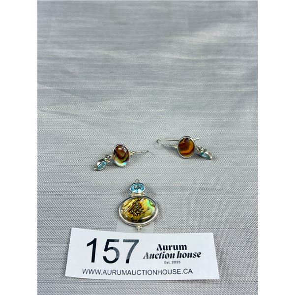 925 Sterling Silver Abalone & Light Blue Gemstone Set - Pendant & Earrings Both Approx 1.25" Long - 