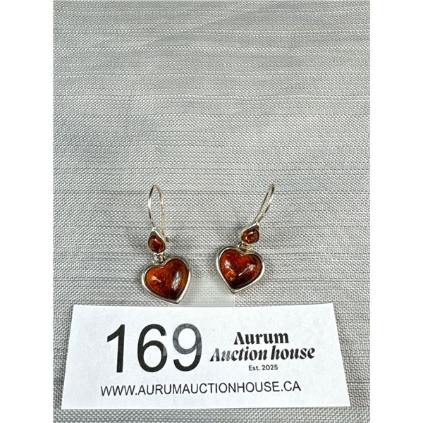 Vintage 925 Sterling Silver Baltic Amber Heart French Hook Earrings 1.5" Drop - Tested