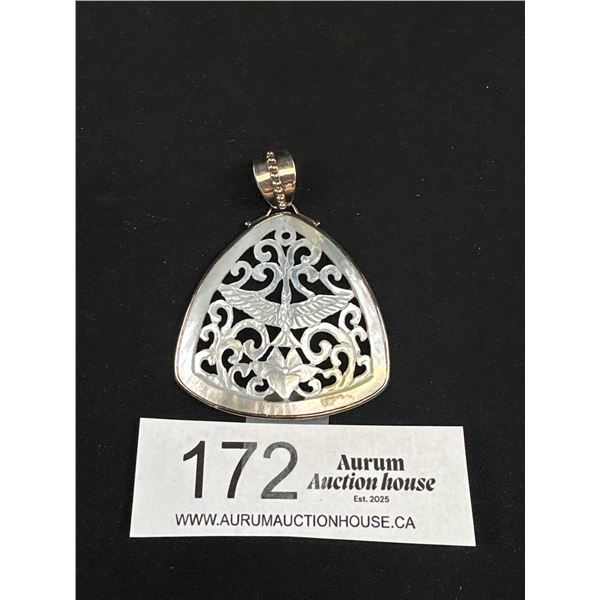 Beautiful Large Signed Sajen 925 Sterling Silver Hand Carved Mother Of Pearl Pendant 2.5" X 2" - Tes