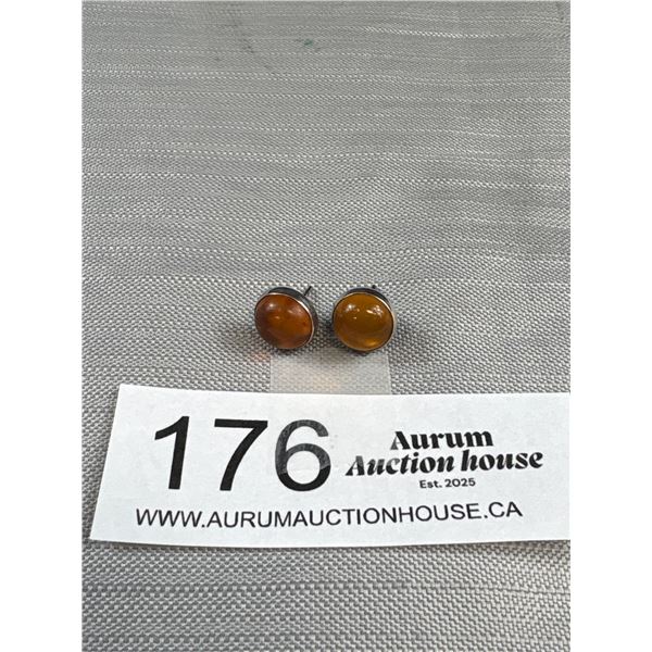 Vintage 925 Sterling Silver Stud Bezel Set 10mm Amber Earrings - Tested