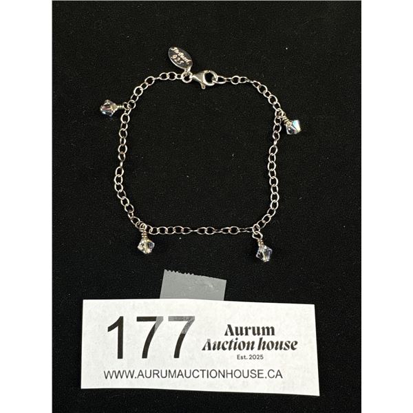 925 Sterling Silver Signed J & Pearl 7" Bracelet With Crystal Drop Charms - Tested