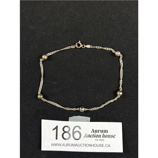 925 Sterling Silver Bead & Twist Link Bracelet/Ankelet 9.5" - Tested