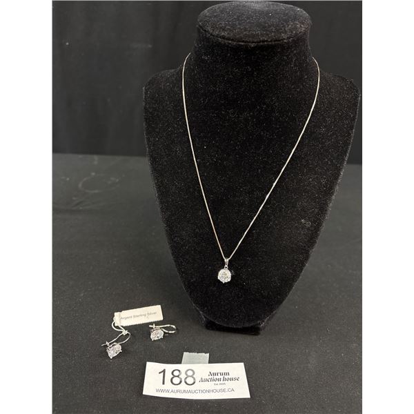 Set Of 925 Sterling Silver Italy 18" Box Link Chain & Large Argent Sterling Silver CZ Earrings & Pen