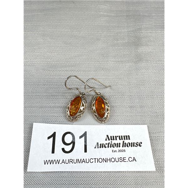Vintage 925 Sterling Silver Baltic Amber Filigree Drop Earrings - Tested