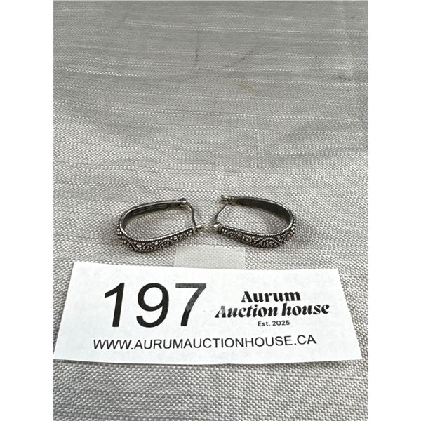 Vintage Signed SLC 925 Sterling Silver Marcasite Hoop Earrings Approx 1" Drop - Tested