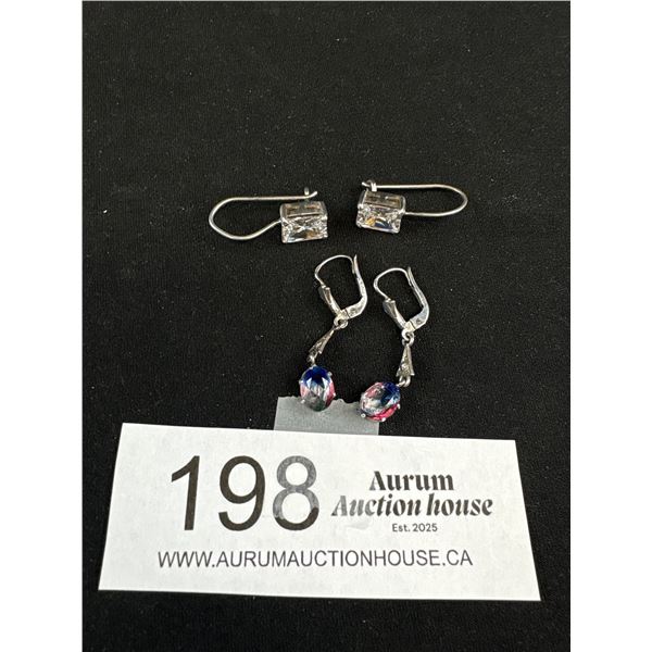 Two Pairs Quality 925 Sterling Silver Earrings - French Hook CZ & Changing Color Signed Elite -Teste