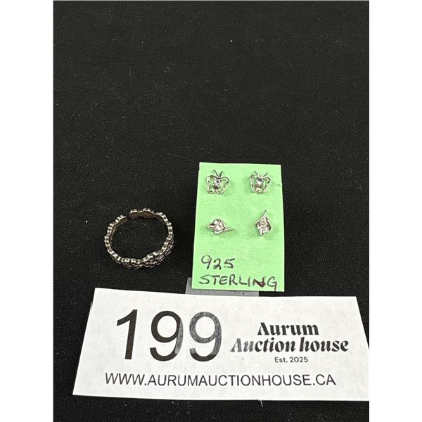 925 Sterling Silver Lot - Two Pairs Of Stud Earrings & Eternity Flower Band Ring or Toe Ring Adjusta