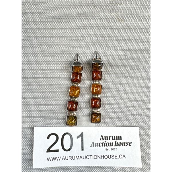 Vintage 925 Sterling Silver Multi Color Baltic Amber 3" Drop Hinged Earrings - Tested