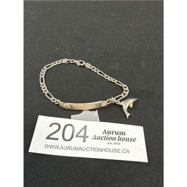 925 Sterling Silver Figaro 7.25" Link I.D. Bracelet With Dolphin Charm - Lobster Clasp -Tested