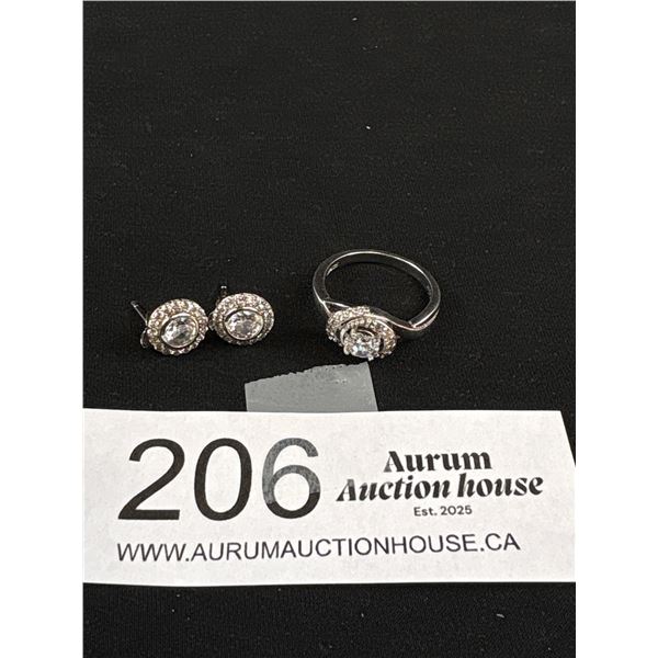 Set of 925 Sterling Silver Italy Halo Ring And Stud Earrings - Ring Size 6.5 -Tested