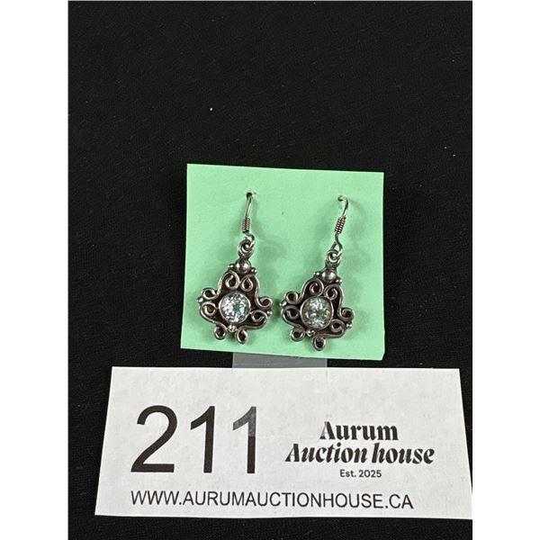 Vintage 925 Sterling Silver 1.25" Drop Topaz Hook Earrings -Tested