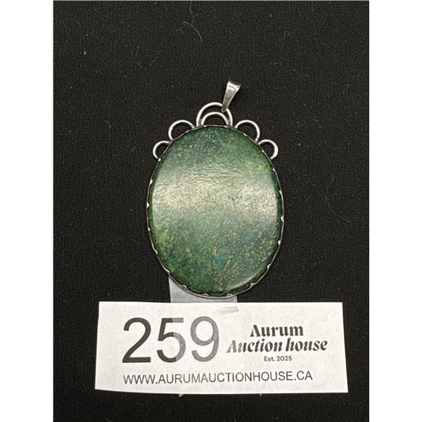 Fabulous Sterling + Green Stone Pendant 3" Long