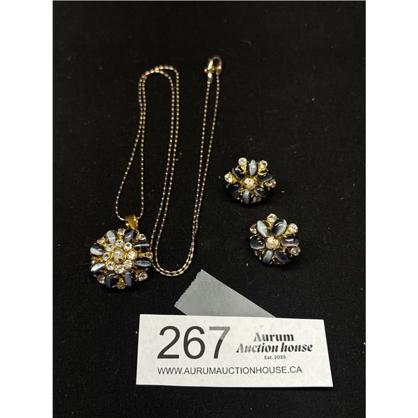 Pretty Gold w/ Pearls + Stones Pendant w/ Chain Necklace + Matching Earrings Set