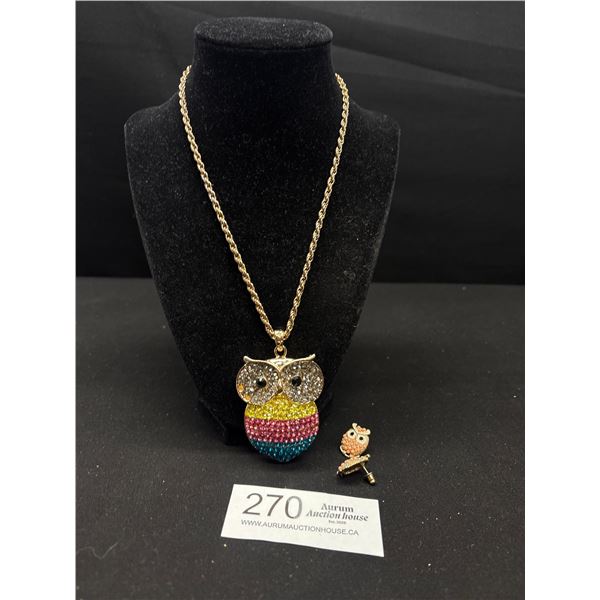 Vintage Large + Heavy Rhinestones Owl Pendant w/ Chain Necklace + Pair of Owl Earrings