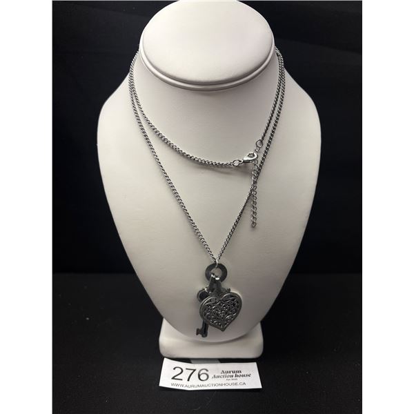 Vintage Silver Heart Pendant w/ Key + Long Chain Necklace