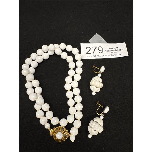 Very Nice Vintage Hand Knotted Milk Glass Beads Necklace w/ Original Clasp + Pair of Dangle Screw On