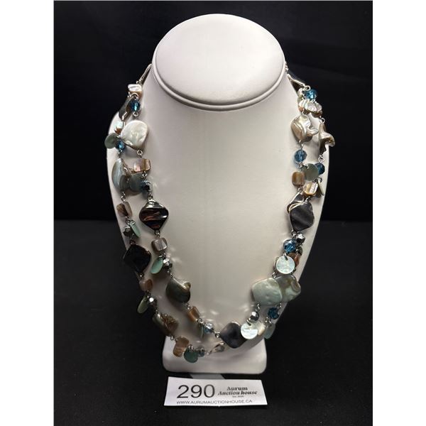 Huge Length Mother of Pearl + Crystal Beads Necklace, Marked LIA SOPHIA