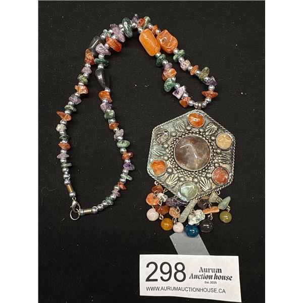 Indian Silver Hand Crafted + Set w/ Agate Stones + Beads Necklace