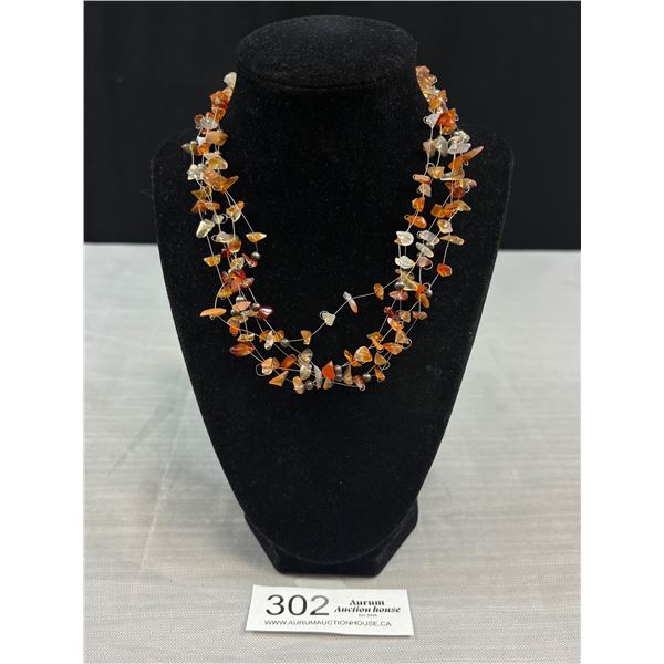 Vintage 5 Strand Natural Cornelian Stone Choker Necklace, Sterling Silver Clasp + Endings