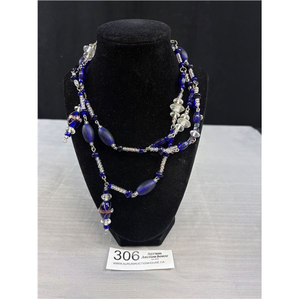Very Unusual Hand Made Black + Clear Glass Beads Necklace, Double Strand