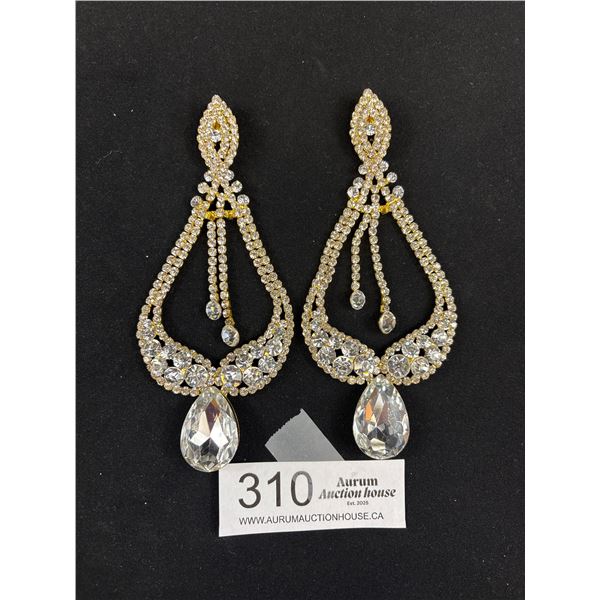 Beautiful Gold Plated Heavy + Large Sparkling Stones Chandelier Earrings