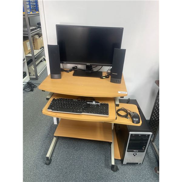 Complete Desktop Computer Setup with Desk, Monitor, Speakers, Keyboard, and Tower