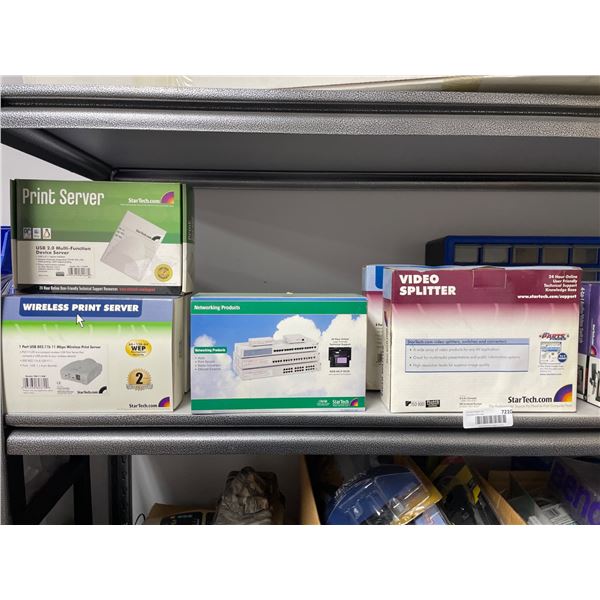 Lot of Assorted Networking and Audio/Video Equipment Including Print Server, Video Splitter, and Sto