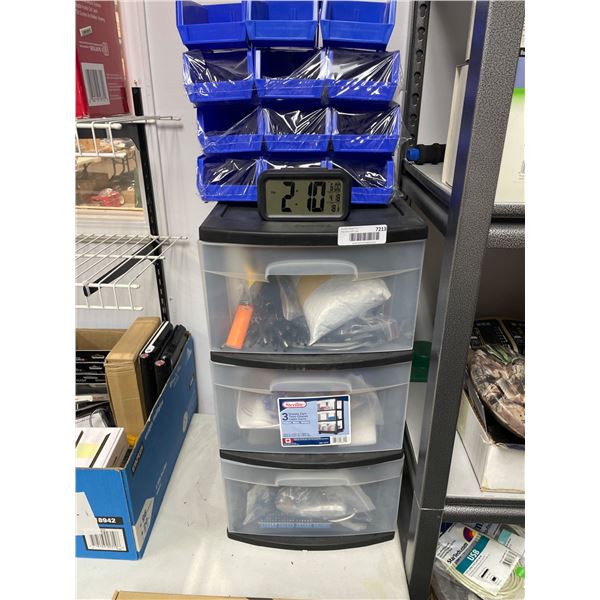 3-Drawer Storage Unit With Assortment of Components and Blue Stackable Bins
