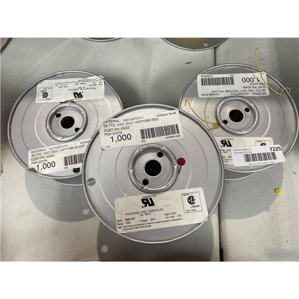Lot of 3 Spools of Wire, Material 1007/28T07-1, 28 Gauge, 300V, Multiple Colors
