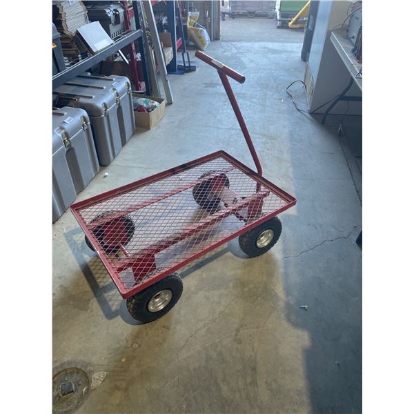 Red Steel Utility Cart with Metal Mesh Bed and Four Inflatable Wheels