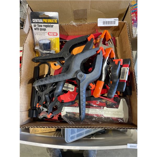 Lot of AssortedÂ Clamps and Central Pneumatic Air Flow Regulator With Gauge