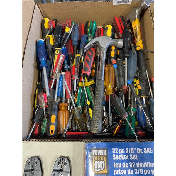 Lot of AssortedÂ Tools Including Screwdrivers, Socket Handles, and Crimping Tools