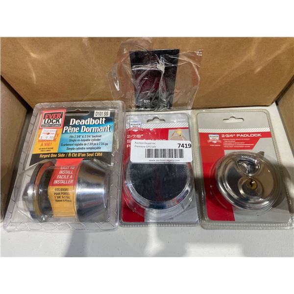 Lot of 3 Security Hardware Items: Deadbolt, Shackle-Less Lock, and Padlock