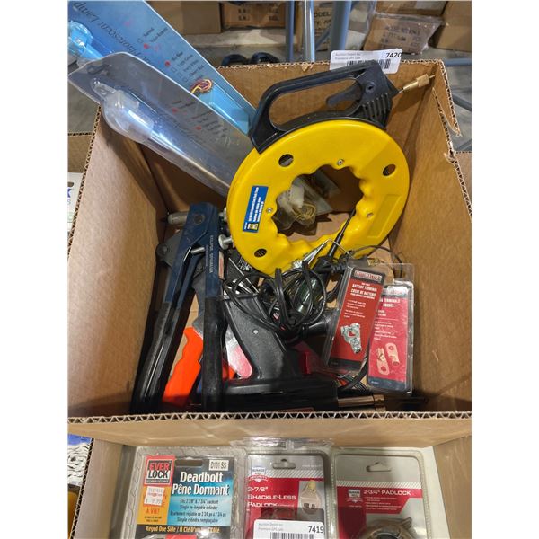 Lot of Assorted Tools Including Measuring Tape, Cable Reel, Lock Components, and More
