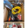 Image 1 : Lot of Assorted Tools Including Measuring Tape, Cable Reel, Lock Components, and More