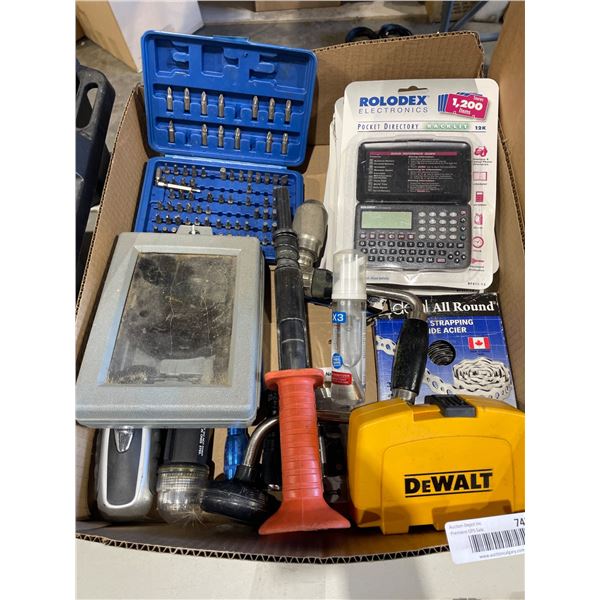 Lot of AssortedÂ Tools and Office Accessories, Including Dewalt Case and Rolodex