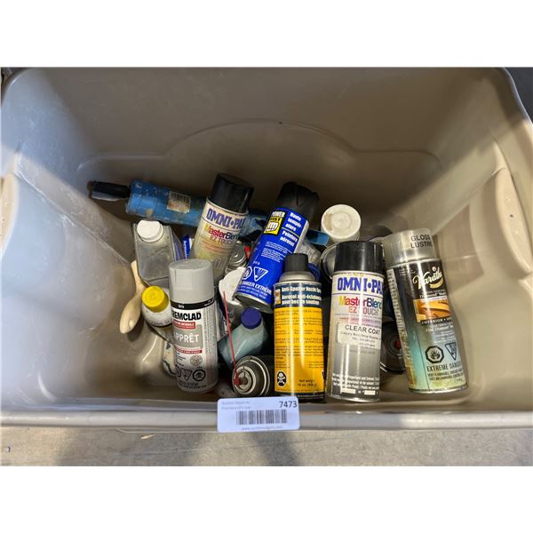 Storage Bin Containing Assorted Paints, Sprays, and Chemicals