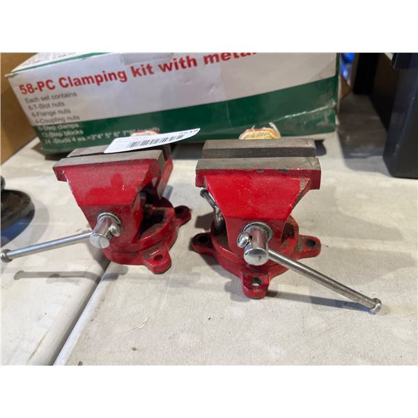 Lot of 2 Adjustable Bench Vises with Rotating Bases, Red Finish