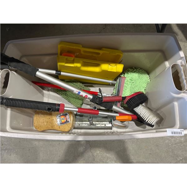Lot of AssortedÂ Cleaning Tools Including Brushes, Sponges, and Handles