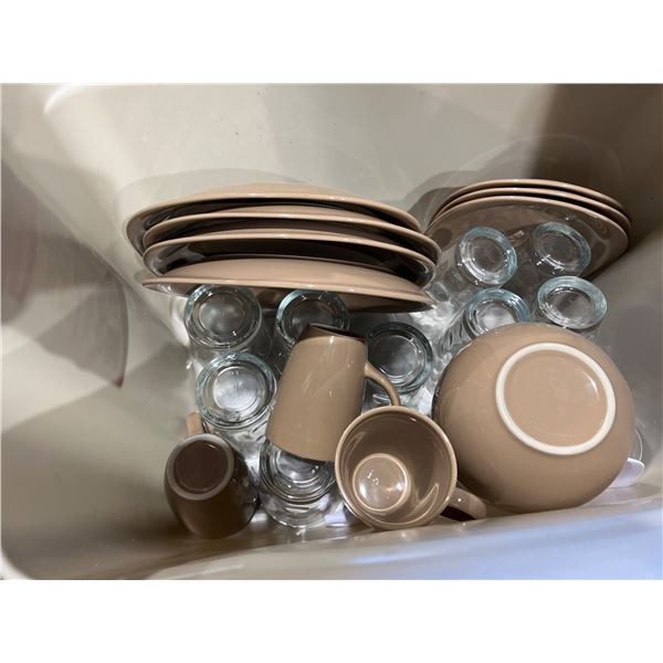 Lot of Assorted Plates, Bowls, Mugs, and Glasses in Beige and Clear Tones