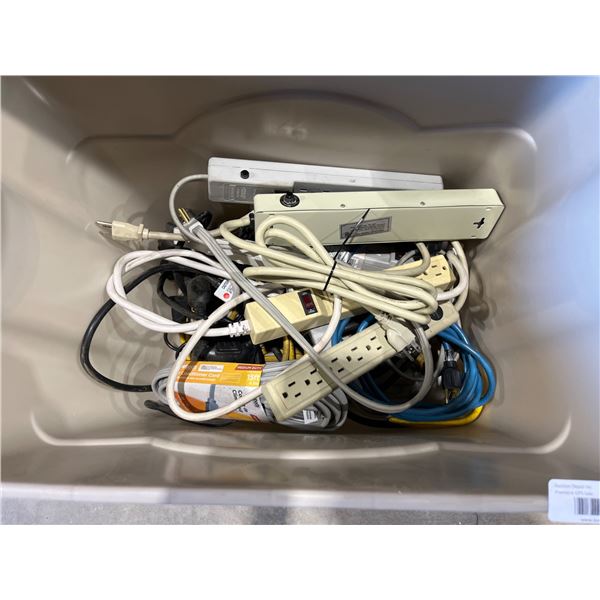 Lot of Assorted Power Strips and Cables in Plastic Storage Bin